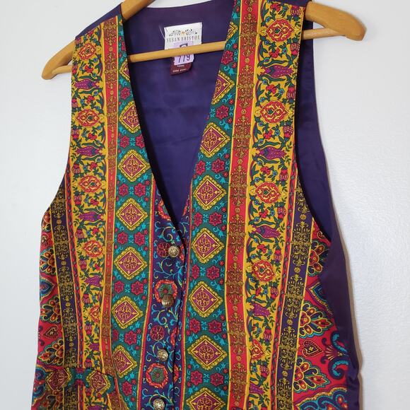 Vintage 80s Rayon Multicolored Vest Silky Back Large - Picture 1 of 8